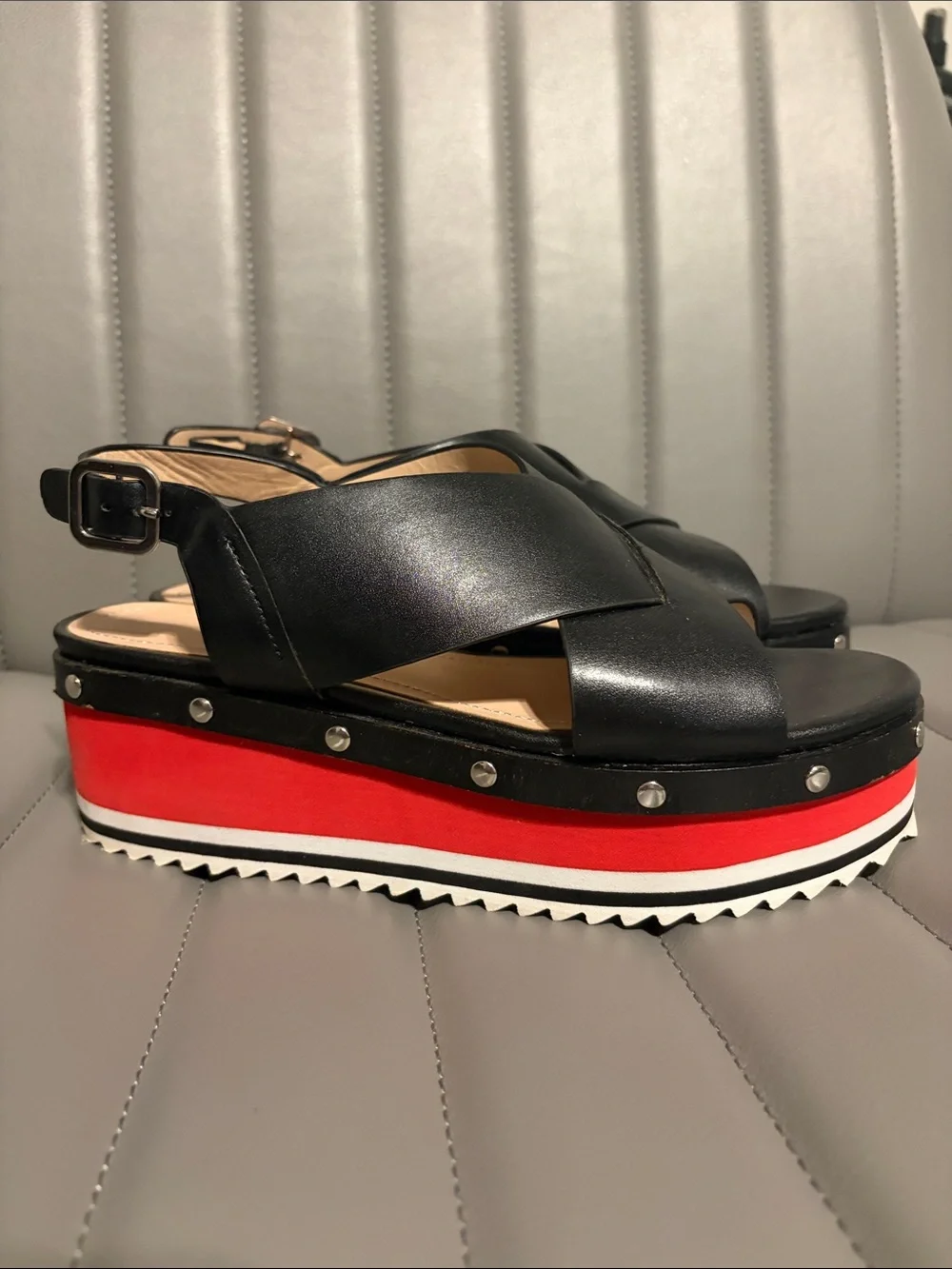 Zara Black Platform Sandals with Red Stripe